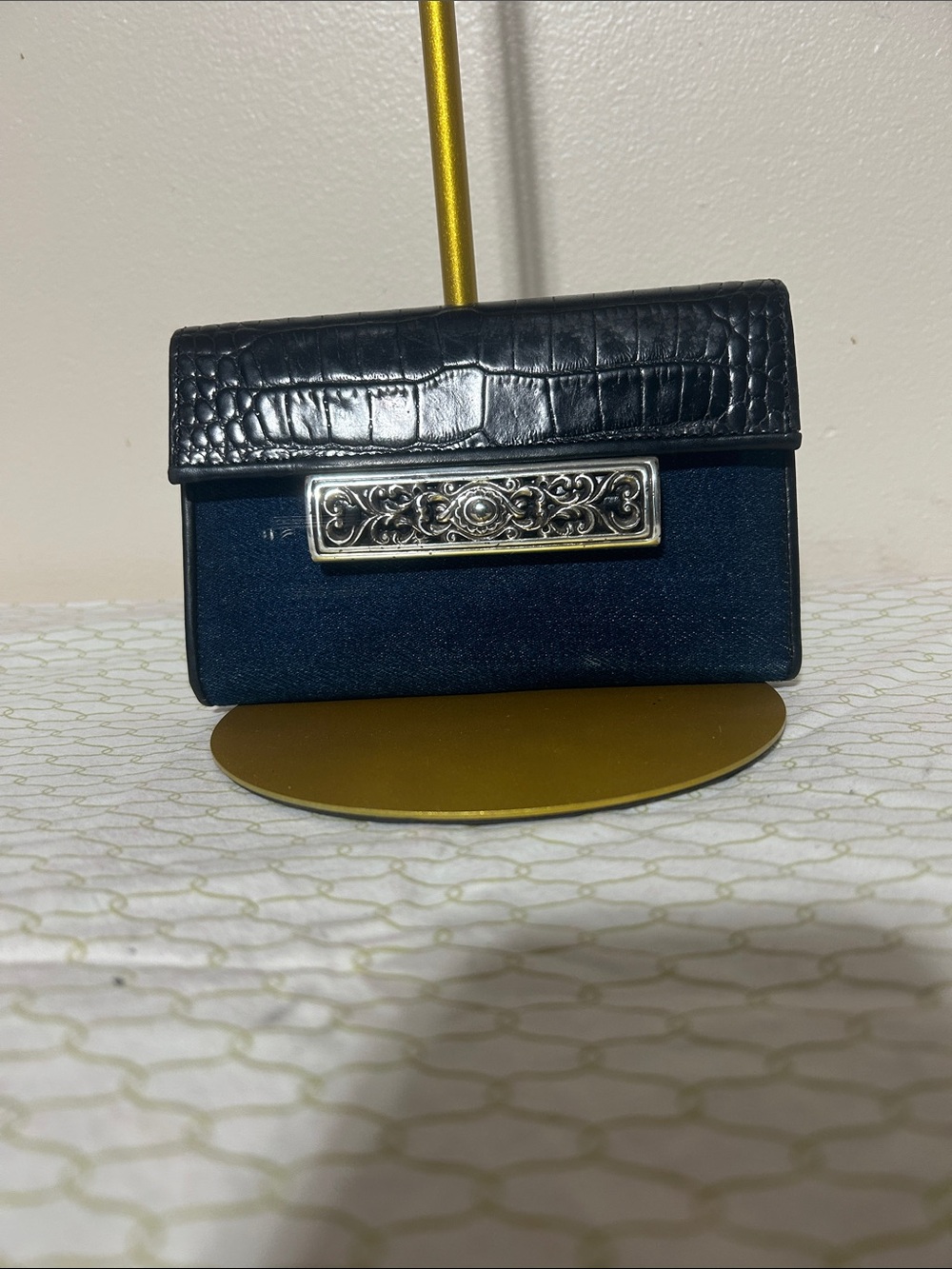 Brighton Navy and Black Small Crossbody Wallet with Ornate Silver Plate
